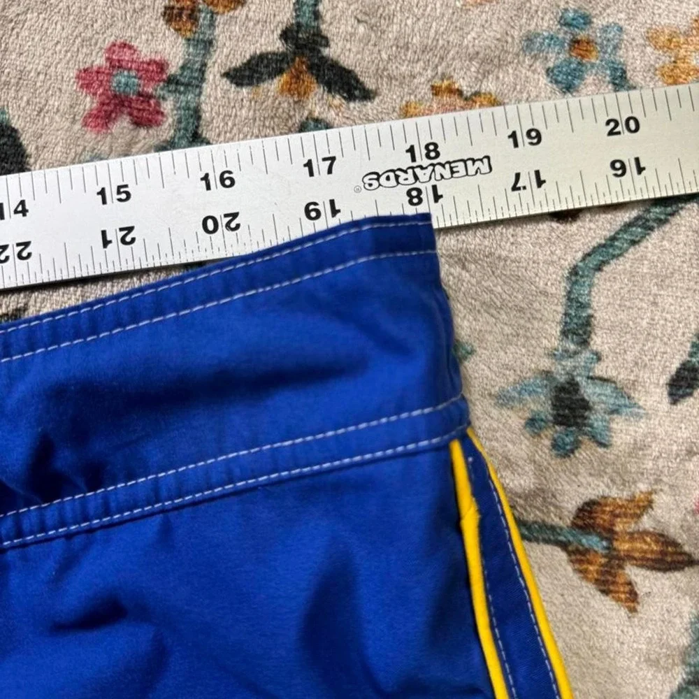 Phys Sci Mens Blue Board Shorts Size 36 Y2K Yellow Stripe Cargo Swim Trunks